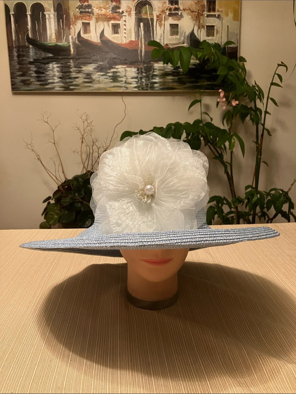Elegant Light Blue Metallic Silver Wide-Brim Floral Hat